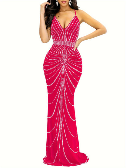 Elegant Backless Bodycon Dress - Rhinestone Accented Spaghetti Strap, Extra-Long Polyester Blend for Spring/Summer Chic