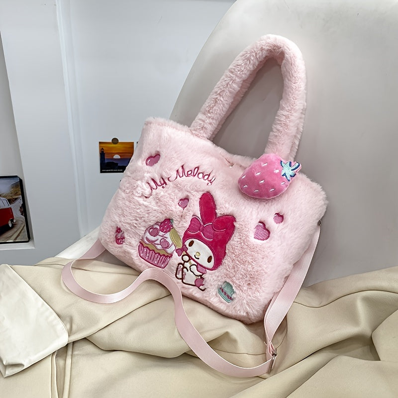 Fluffy Faux Fur Cartoon Anime Handbag - HelloKitty, Cinnamoroll & Kuromi Plush Crossbody Bag - Adorable, Soft & Versatile Shoulder Bag for Fashionistas