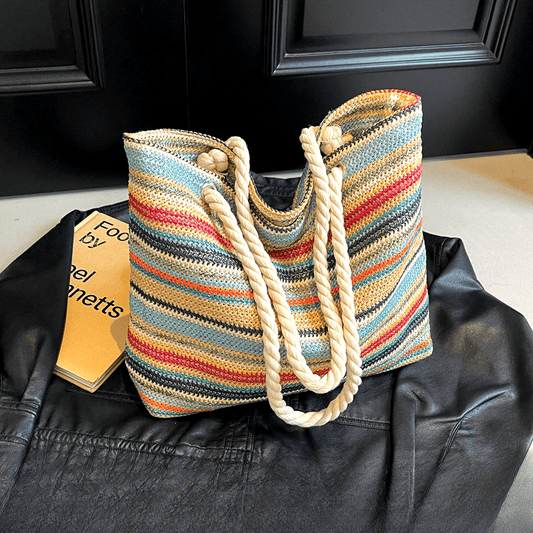 Chic Summer Striped Straw Tote Bag - Large Capacity, Fashionable Shoulder Handbag for Women