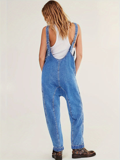 Loose Fit Washed Blue Hip Hop Streetwear Adjustable Strap Denim Overalls Dungarees, Women's Denim Jeans & Clothing