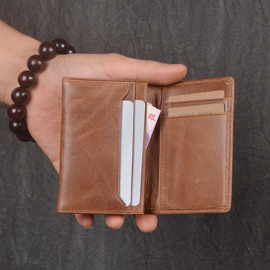 New Arrival Wholesale Men's Genuine Leather Hand-Held Coin Purse Women's Oil Leather Multi-Card-Slot Card Holder Large Capacity Short Wallet