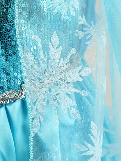 Majestic Snowflake Princess Tutu Dress - Long Sleeve, Mesh Spliced, Sequin Decorated, Cape Attached, Perfect for Performance and Dress Up