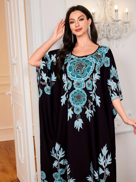 Ramadan Elegant Batwing Sleeve Ruffle Maxi Length Kaftan Dress - Stunning Graphic Print, Crew Neck, Flowy Design, Comfortable Wear, Women's Modest Clothing for Special Occasions