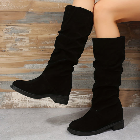 Comfy Chic Mid-Calf Boots - Knee-High Shoes for Women with Slip-On Design, Heightening, Solid Color, Winter Casual Style, and Soft Insoles for All-Day Comfort