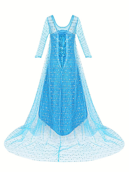 Girl's Princess Dress With Accessories Sets, Sequin Decor Long Sleeve Dress, Tulle Cloak, Ice And Snow Queen Cosplay Outfits, Halloween Holiday Party Prom Birthday Performance Costume, Kids Clothes