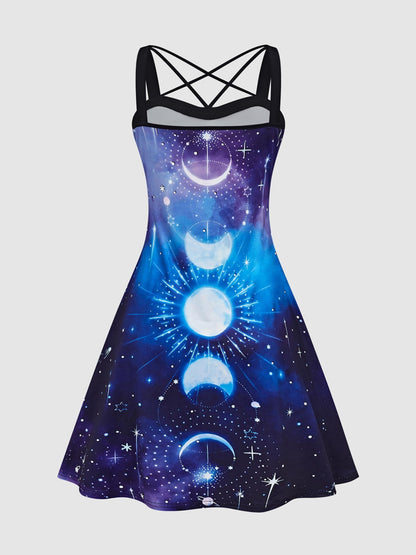 IKEARLAX Galaxy Cami Dress - Sleek and Chic Sleeveless Design, Flattering Crisscross Spaghetti Strap Accent, Perfect for Everyday Wear - Designed Exclusively for Women, Casual Print Dress for a Stylish You