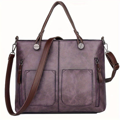 Large Capacity Elegant Dark Purple PU Leather Vintage Style Tote Bag for Women with Quilted Design, Fixed Shoulder Straps, Zippered Closure and Polyester Lining