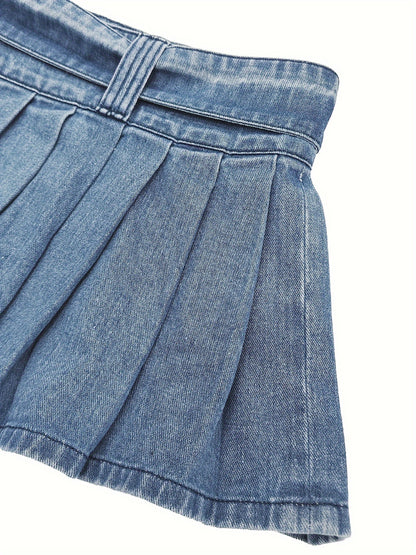 Mini Denim Skirt - Adjustable, Pleated, Washed Blue, Plain Design, Women's Denim Jeans & Clothing, Perfect for Casual Daily Wear