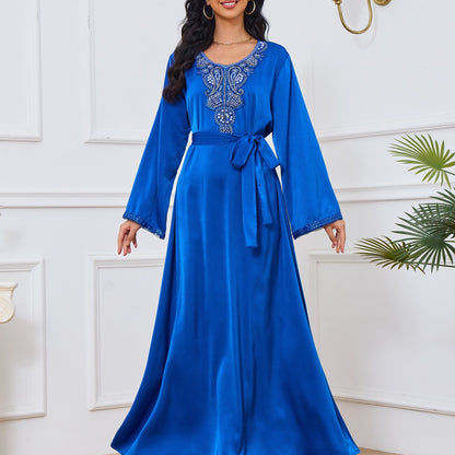 Ramadan Floral Charm - Luxurious Beaded Kaftan Dress with Long Sleeves & Tied Crew Neck - A Timeless, Flowy & Comfortable Womens Clothing Choice for Festive Occasions