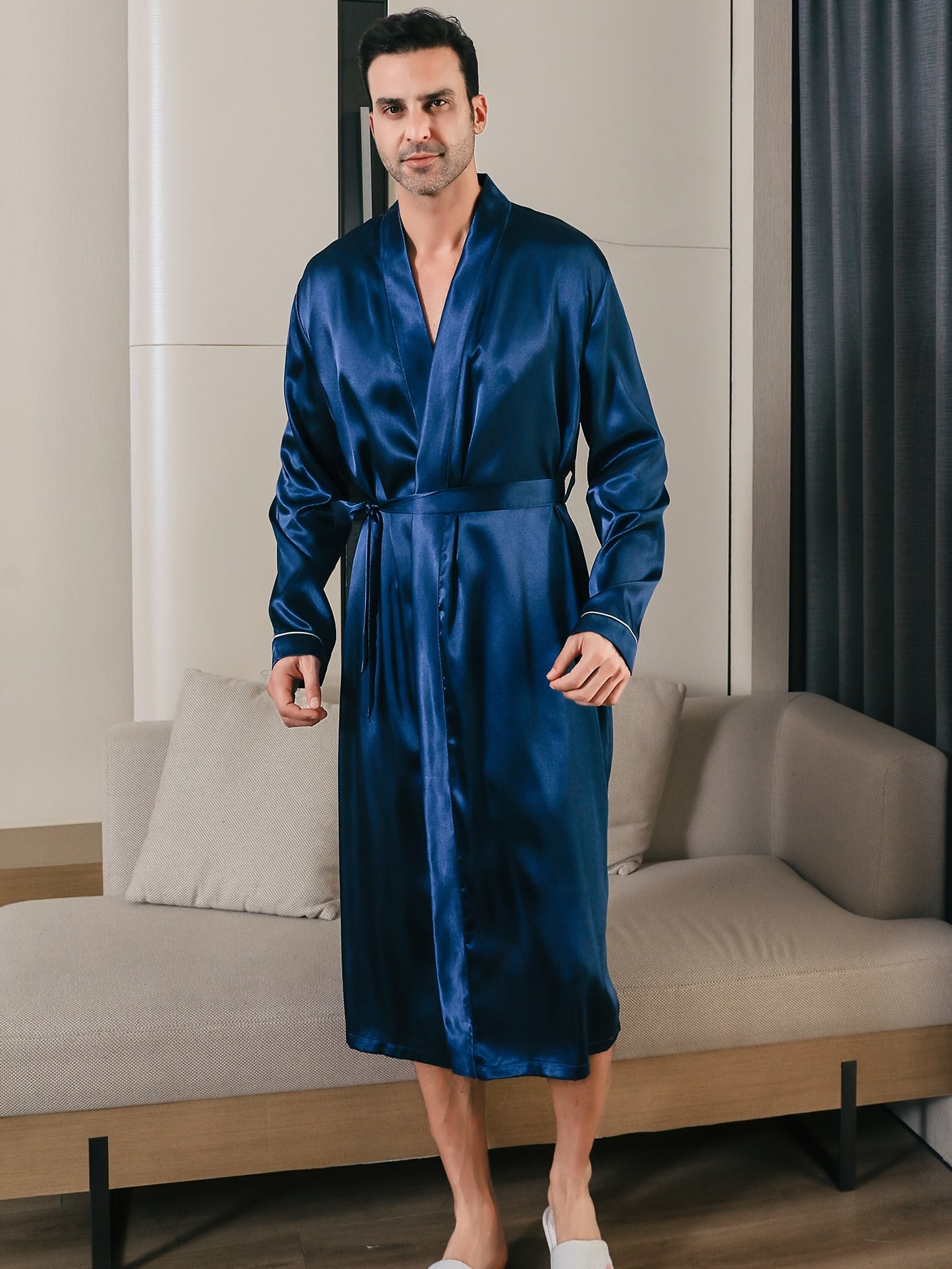 Mens Long Sleeve V-Neck Robe - Lightweight, Breathable, Soft Polyester Ice Silk Fabric with Waist Tie for Comfortable Lounge Wear in Spring, Summer and Fall Seasons - Regular Fit, Solid Color, Woven Robe Set