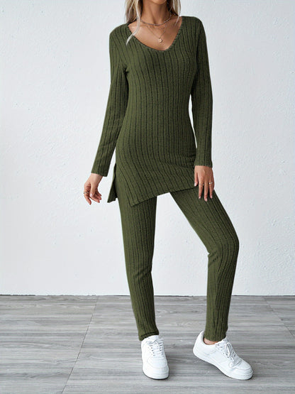 Chic Ribbed Knit Two-piece Set - Soft Casual Long Sleeve Split Top & Slim Fit Pants Outfit - Trendy Solid Color Womens Clothing for Everyday Style