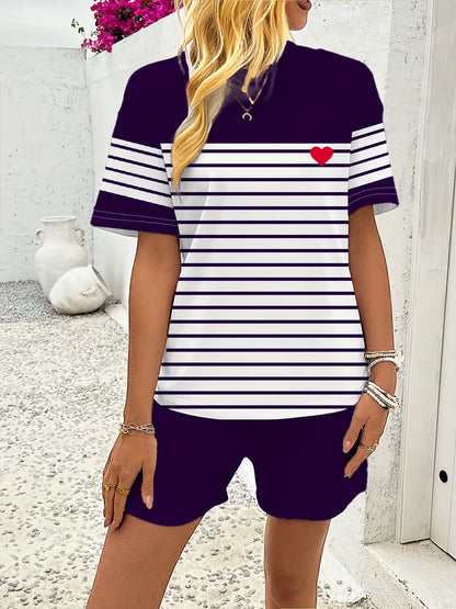 Summer & Spring Casual Shorts Set, Striped & Heart Print Crew Neck Short Sleeve Top & Drawstring Solid Color Shorts Outfits, Women's Clothing