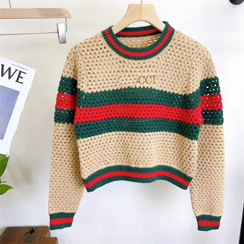 Designer embroidered letter pattern color blocking cut out knit sweater with a slim fit and slim fit, new top for autumn and winter