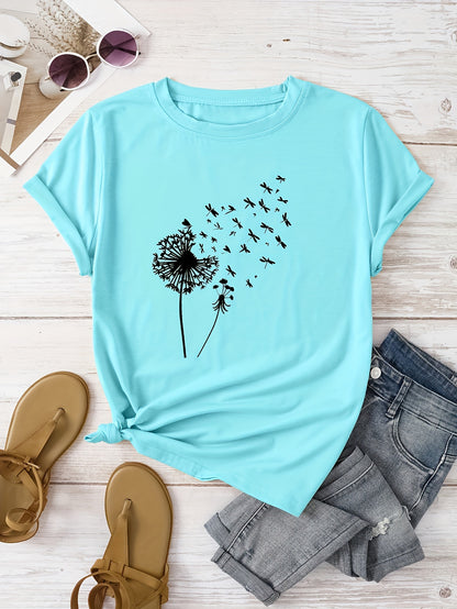 Vibrant Dandelion Print Crew Neck T-Shirt - Soft Micro Elasticity Polyester Fabric, Casual Short Sleeve Top for Spring & Summer, Womens Regular Fit Clothing with Random Plant Pattern