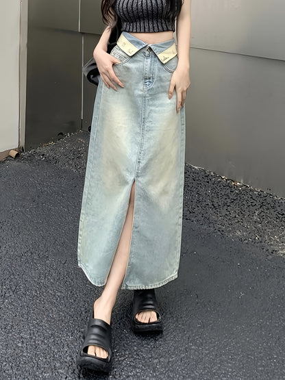 Flipped Waist Denim Midi Skirt, Slant Pockets Split Denim Skirt, Women's Denim Clothing