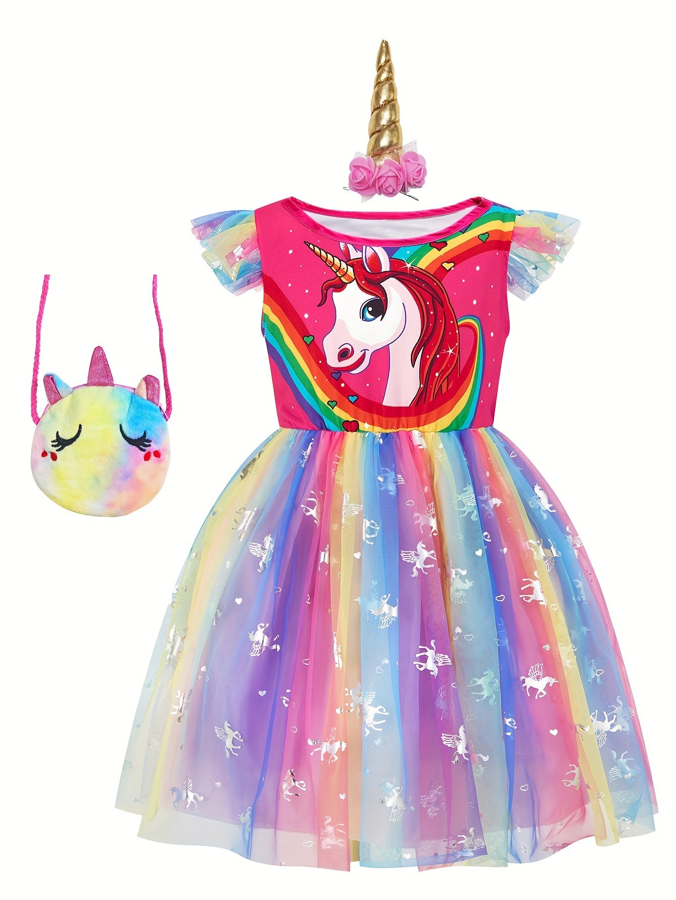 Girl's Princess Dress With Accessories Set, Unicorn Print Mesh Dress, Fairy Tale Character Cosplay Costume, Kids Clothes For Halloween Holiday Party Prom Birthday Performance