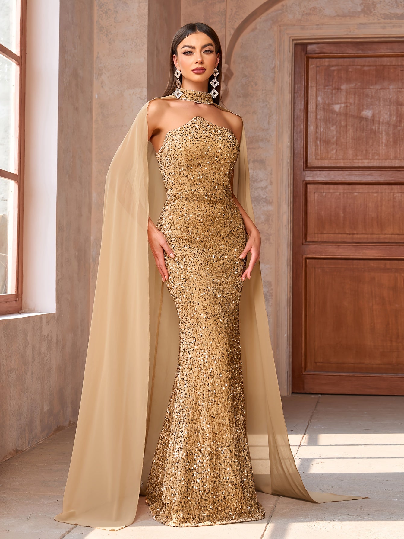 Long Sequin Mermaid Bodycon Dress - Elegant Strapless Backless Floor Length Cloak Panel Design, Micro Elasticity, Solid Color, Customized for Womens Party & Banquet