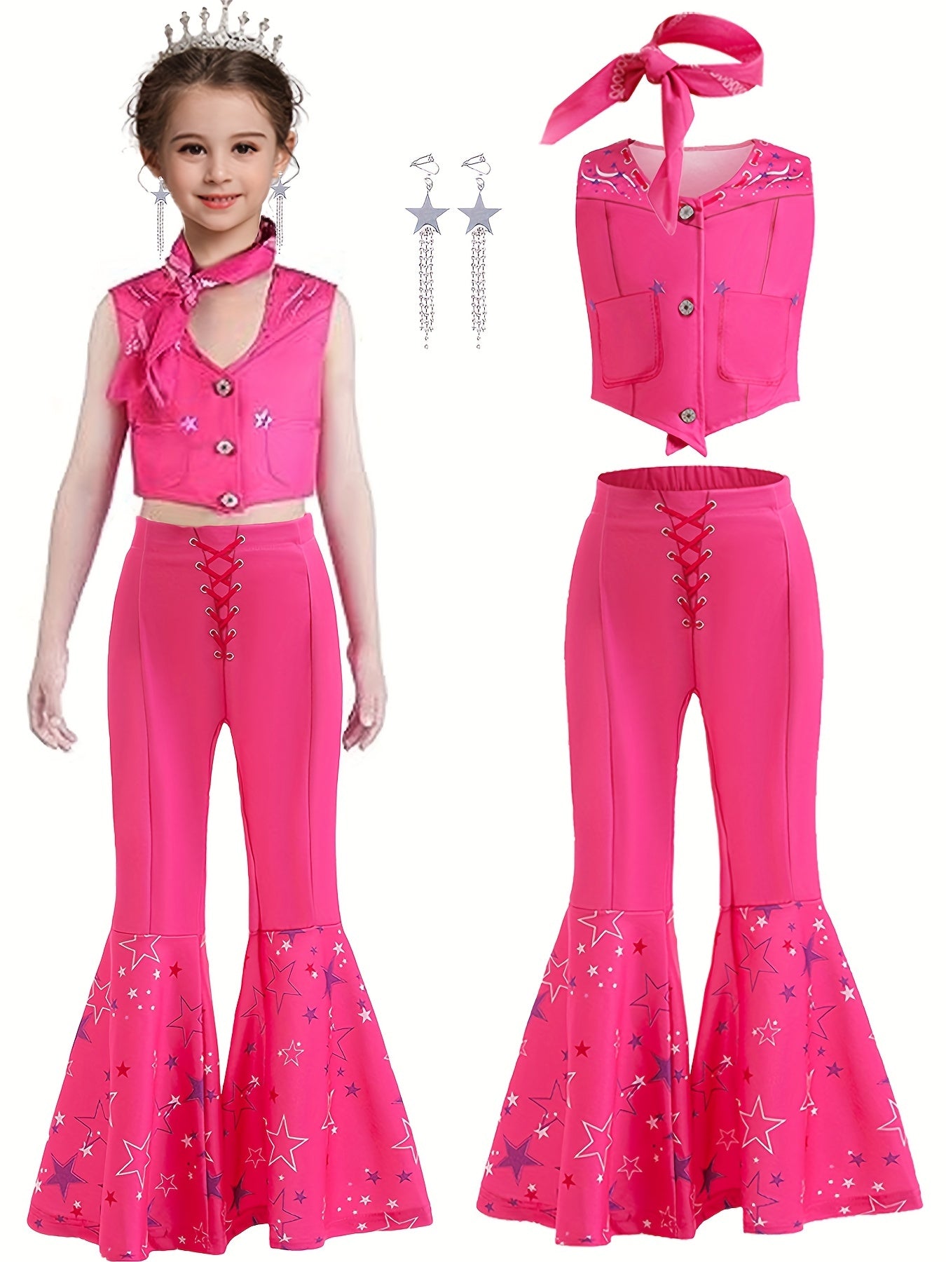 Kid's  Movie Doll Cosplay Costume, Vest & Flared Pants & Accesssories, Girl's Cowgirl Dress Up Suit For Halloween Party