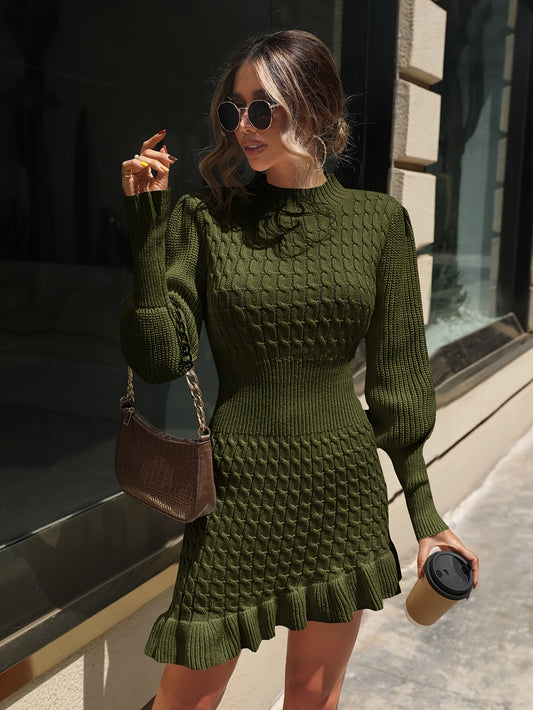 Cable Knit Ruffle Hem Asymmetrical Dress, Elegant Lantern Sleeve Bodycon Dress For Fall & Winter, Women's Clothing