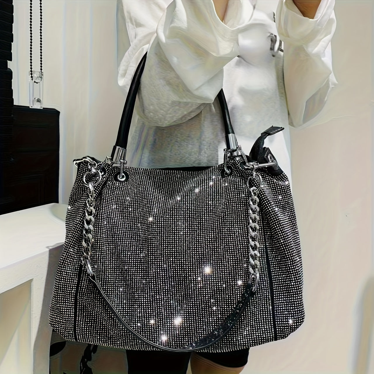 Elegant Women's Tote Bag with Sparkling Rhinestones - Versatile & Chic Shoulder Handbag, Detachable Strap, Zip Closure, Polyester Lined - Black