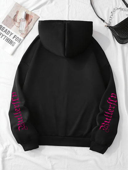 Chic Butterfly & Letter Graphic Hoodie - Comfy Drawstring Design with Kangaroo Pocket, Versatile Casual Wear for Women