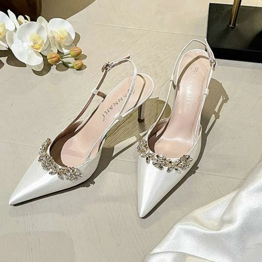 French Temperament High Heels Rhinestone Sandal Female Summer Pointed Satin White Wedding Bridesmaid Shoes Kq8