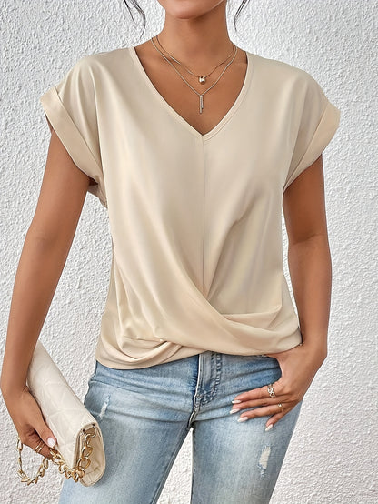 Chic Knot V-Neck T-Shirt - Lightweight & Breathable for Spring/Summer - Stylish Casual Wear for Women