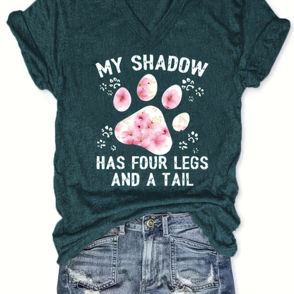 Women's Paw Print V-Neck T-Shirt - Comfy Short Sleeve Casual Top, Perfect for Spring & Summer, Fashionable Everyday Wear