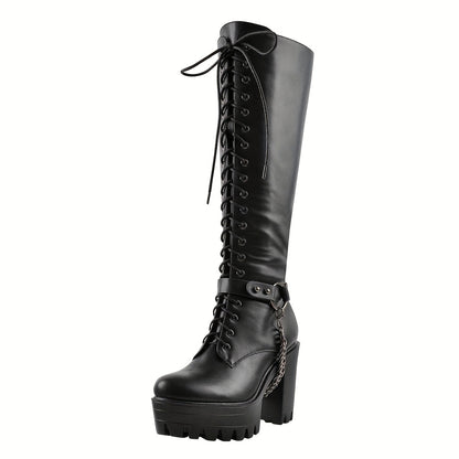 All-Season Women's Chunky Platform Heel Boots - Punk Style with Lace-Up, Side Zipper & Chain Accent