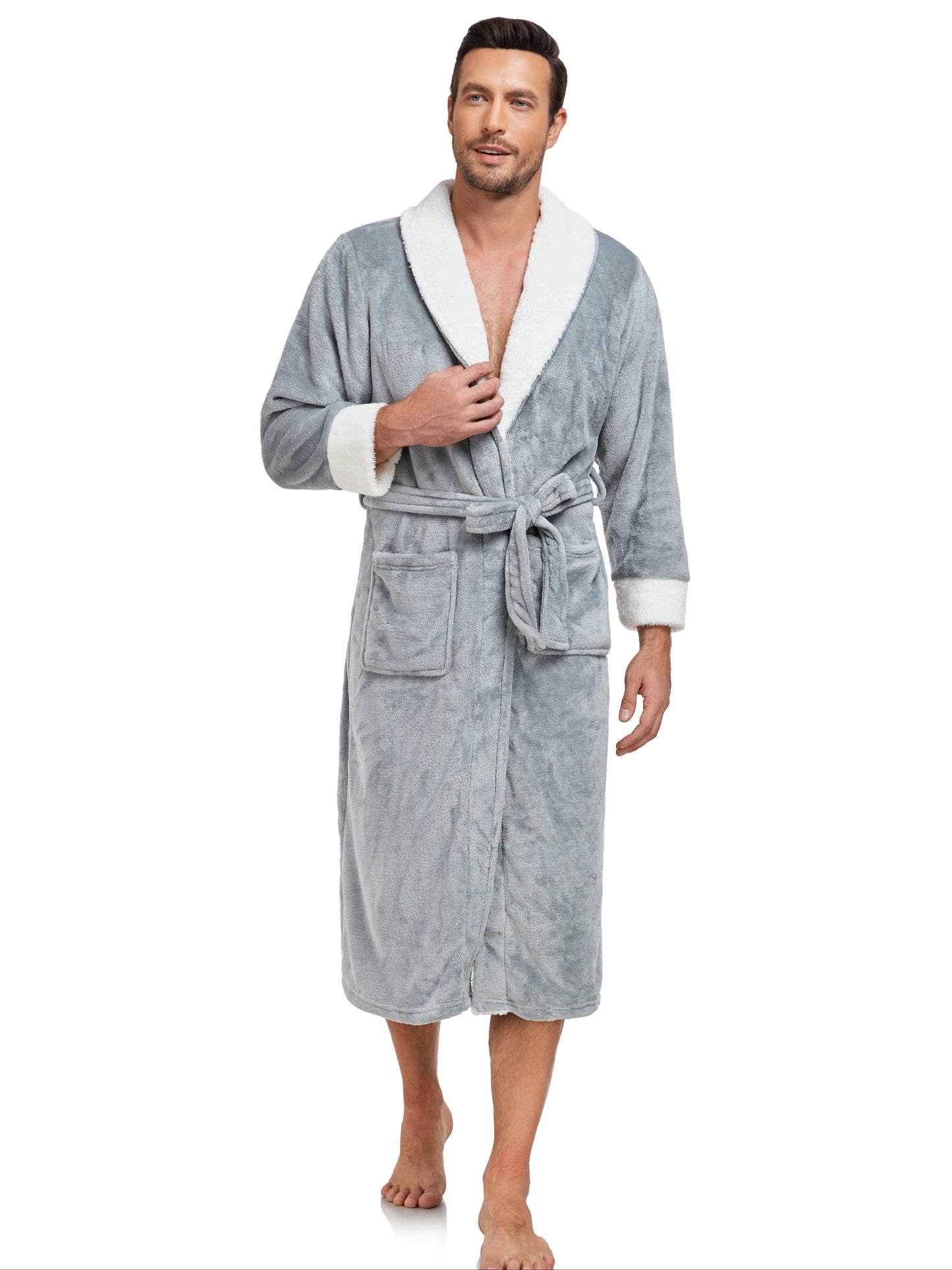 Cozy Fleece Hooded Sleep Robe for Men - Elegant Contrast Color Design, Soft and Warm Pajama Set with Long Sleeve, Two Side Pockets, and Adjustable Belt - Perfect for Relaxation and Lounging