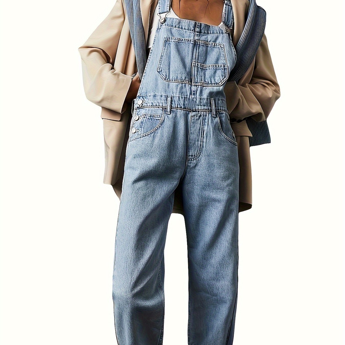 Elegant Women's Denim Overalls with Geometric Pattern - Cotton Blend, Machine Washable