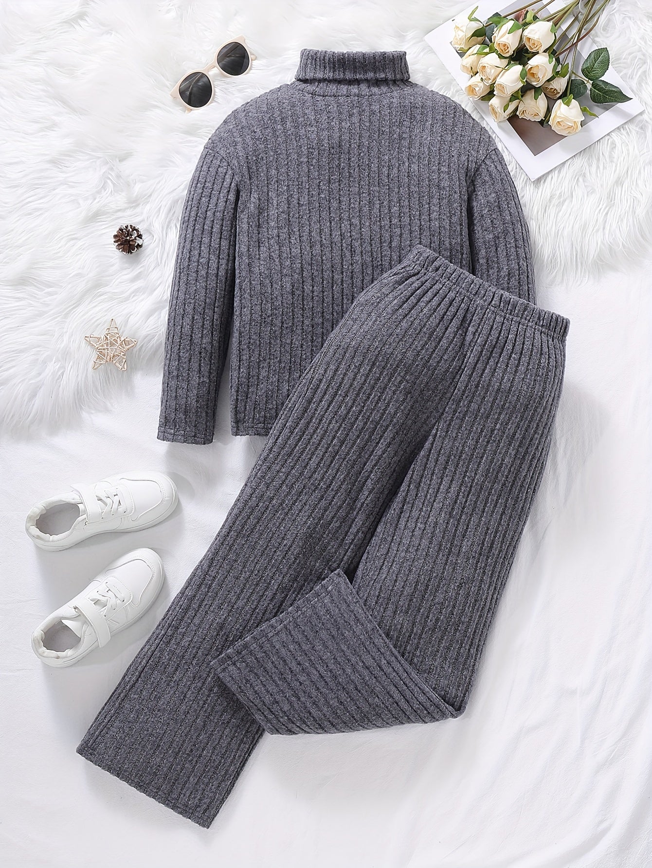 Girls 2pcs Ribbed Outfits, Solid Turtleneck Long Sleeve Pullover Top + Pants Set For Spring Fall Winter Christmas Gift Party, Outdoor Clothing