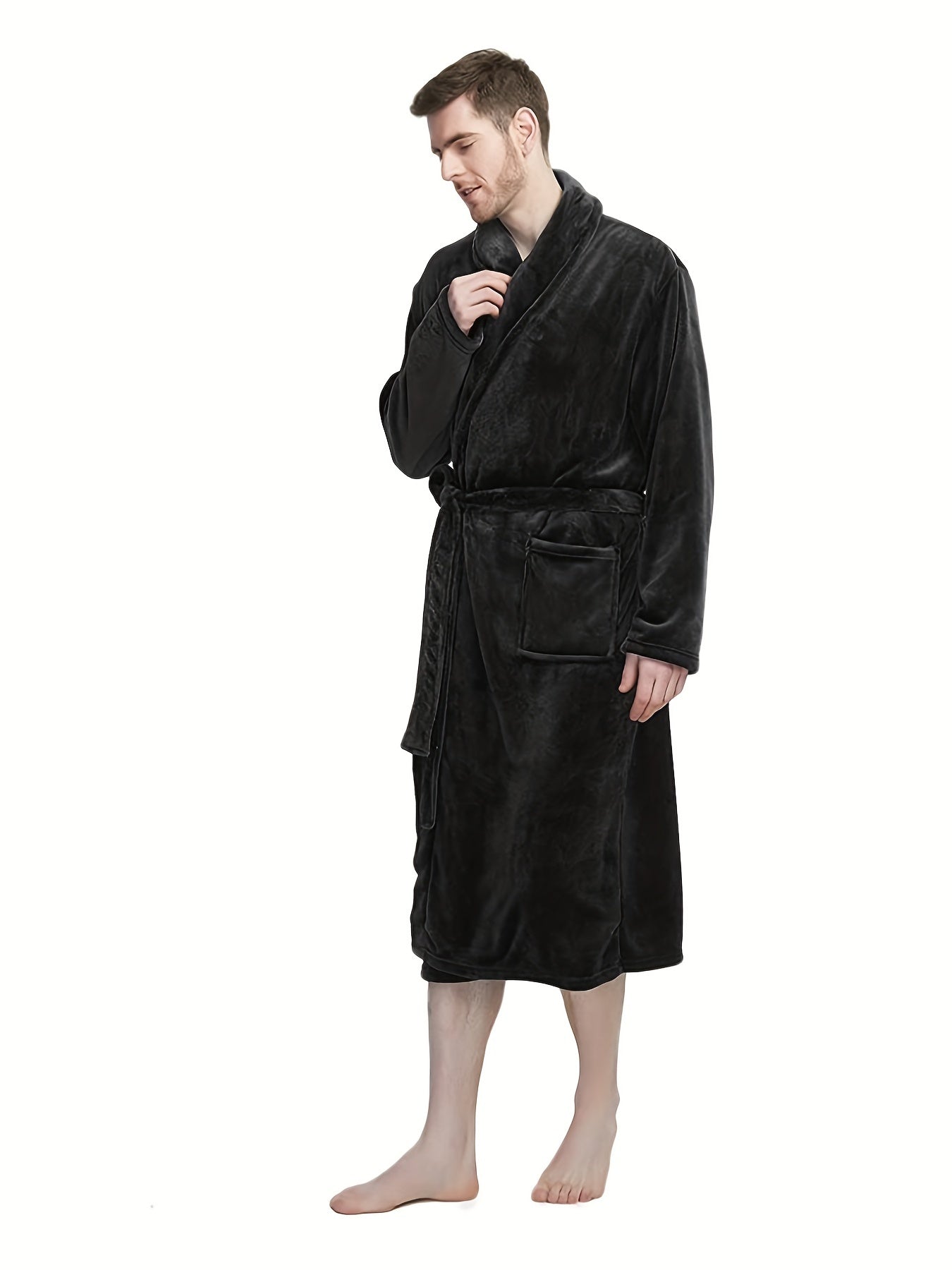 Men's Plush Flannel V-Neck Robe - All-Season Comfort, Stretch Fit, Solid Color, Sizes S-XXL