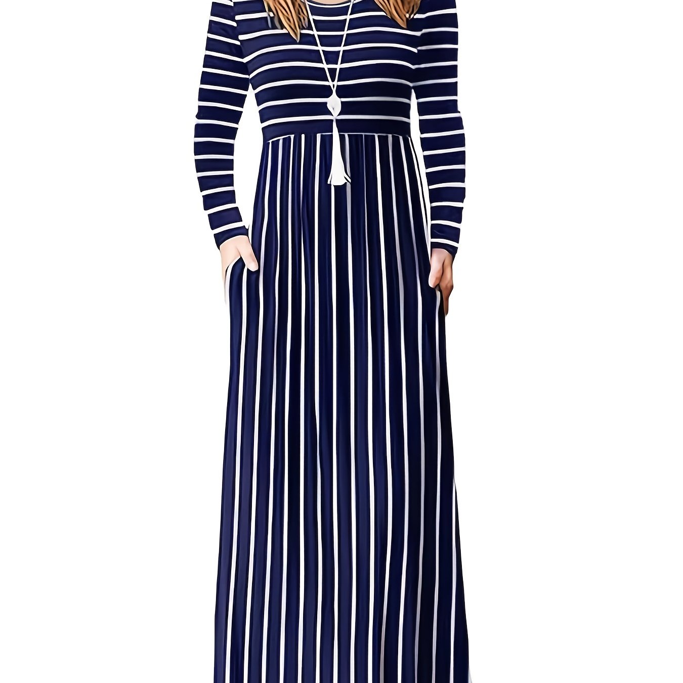 Fall/Winter Chic: Cozy Geometric High-Waist Maxi Dress with Crew Neck, Long Sleeves - Durable & Easy-Care, Perfect for Daily Wear