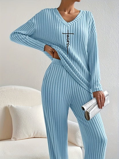 Women's Faith-Inspired Ribbed Two-Piece Set - V Neck Long Sleeve Top & Comfy Pants - Chic Spring & Fall Casual Outfits