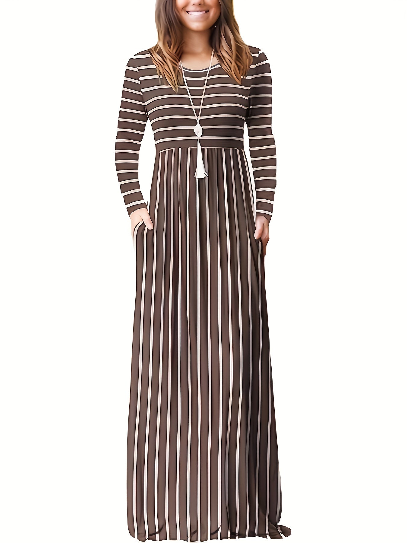 Fall/Winter Chic: Cozy Geometric High-Waist Maxi Dress with Crew Neck, Long Sleeves - Durable & Easy-Care, Perfect for Daily Wear