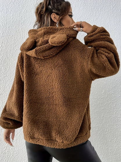 Cozy Womens Bear Ear Plush Hoodie - Comfy Long Sleeve Sweatshirt with Stylish Pockets - Premium Casual Wear for Everyday Fashion