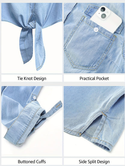 Plain Light Washed Blue Knot Front Casual Style Button Up Denim Shirts Top, Women's Denim Jeans & Clothing