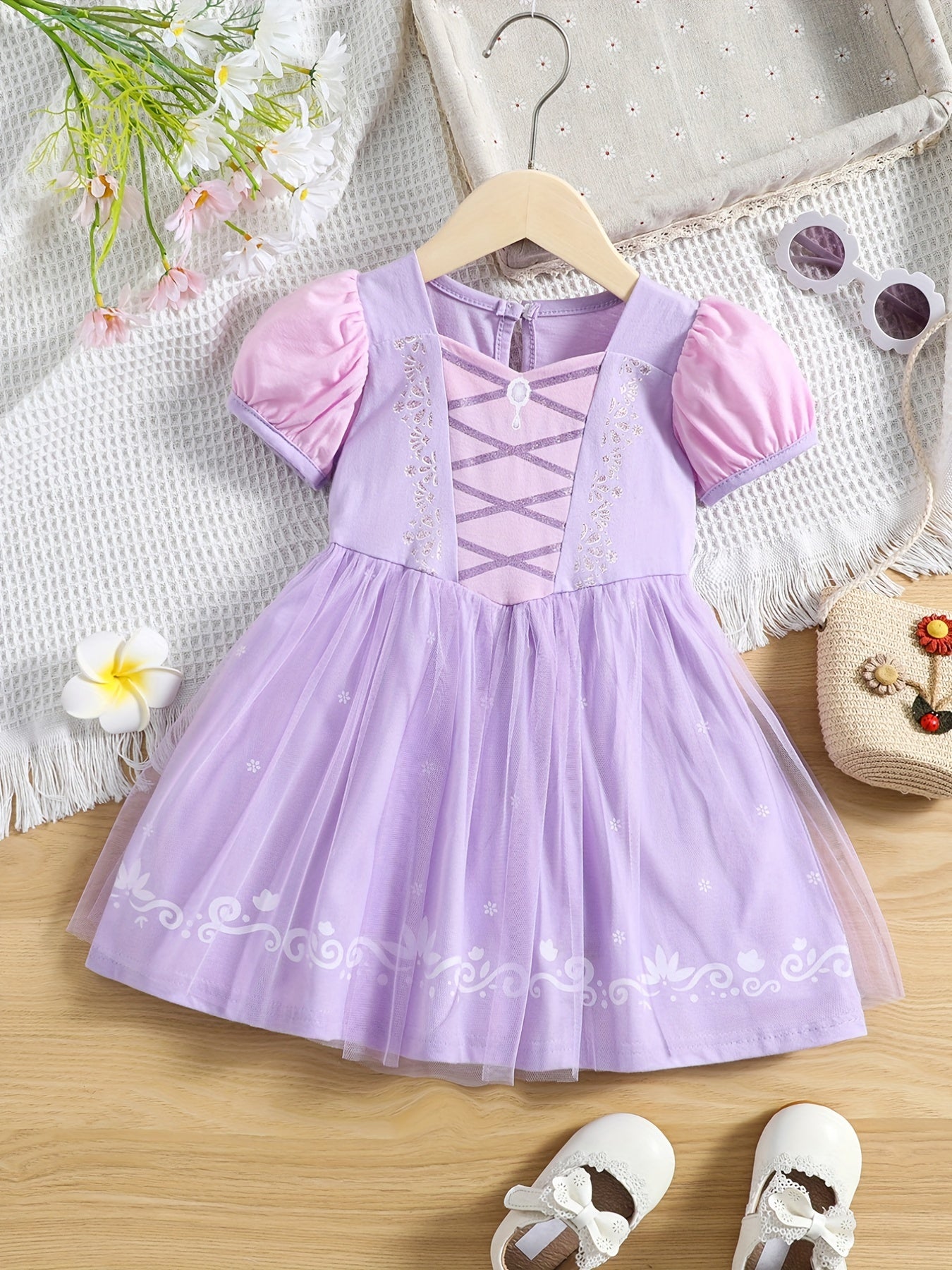 Girls Princess Dress Puff Sleeve Tulle Ribbon Print Halloween Holiday Party Prom Birthday Performance Dress