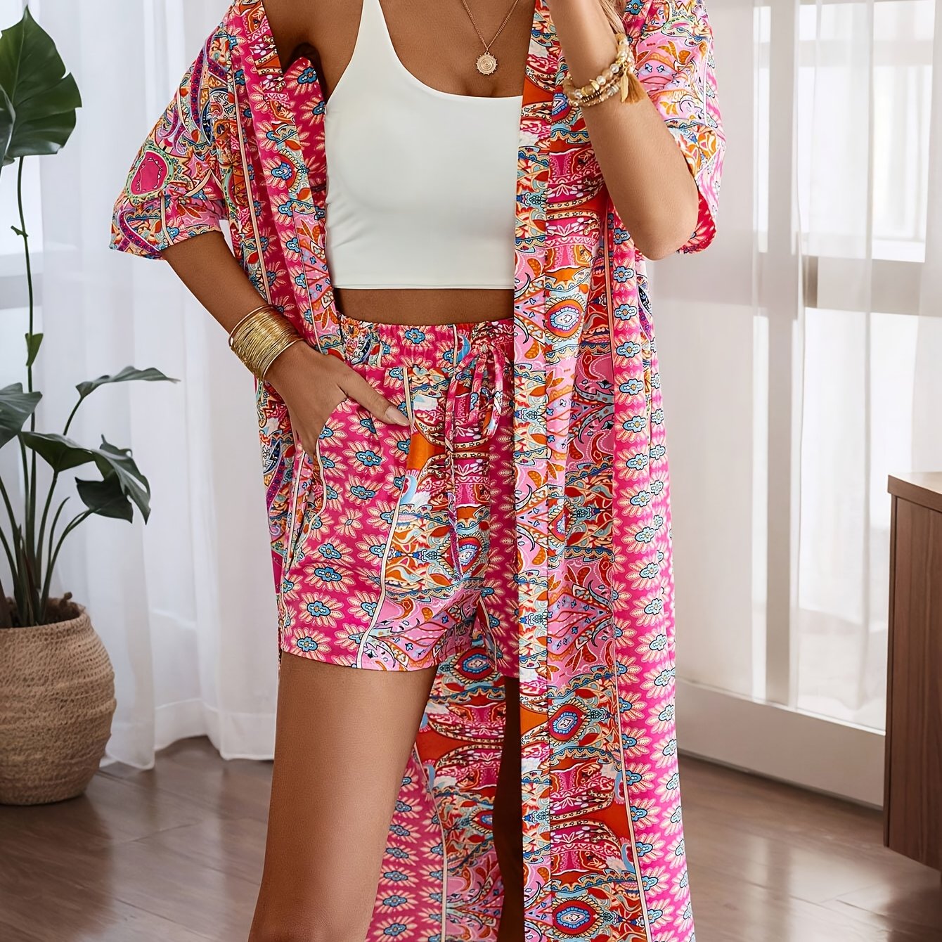 Tribal Print Outfit Set - Stylish Short Sleeves, Open Front, Flowy Long Length Top, High Waist Shorts with Slant Pockets - Perfect for Womens Vacation and Travel with Unique Tribal Print Design