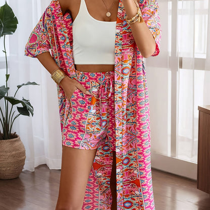 Tribal Print Outfit Set - Stylish Short Sleeves, Open Front, Flowy Long Length Top, High Waist Shorts with Slant Pockets - Perfect for Womens Vacation and Travel with Unique Tribal Print Design