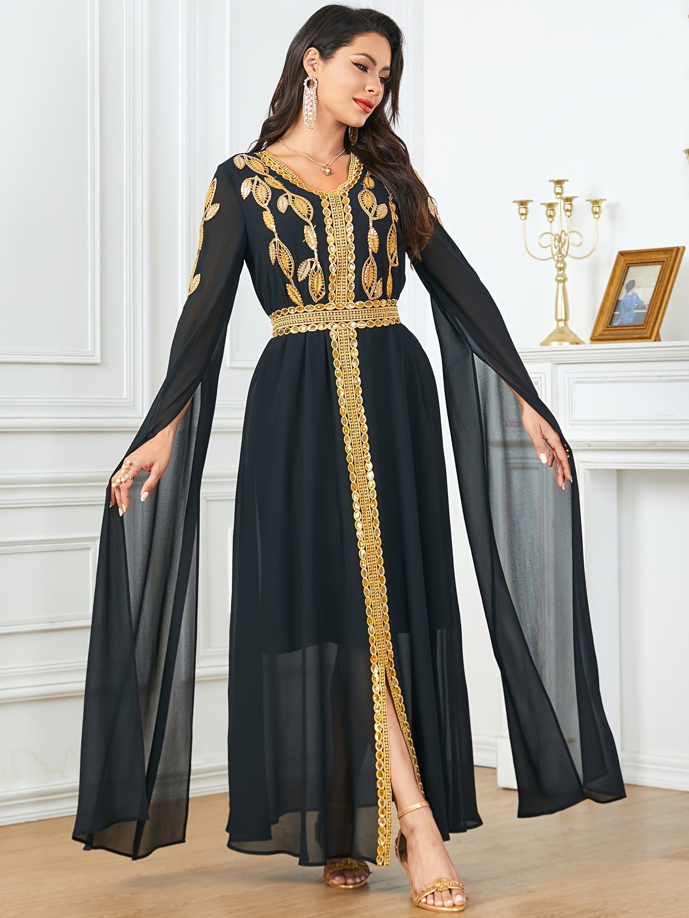 Luxurious Embroidered V-Neck Kaftan Maxi Dress - Elegant Tied Waist, Flowy Cape Sleeves, Comfortable Women's Clothing for Special Occasions - Perfect for Formal Events, Weddings, and Parties