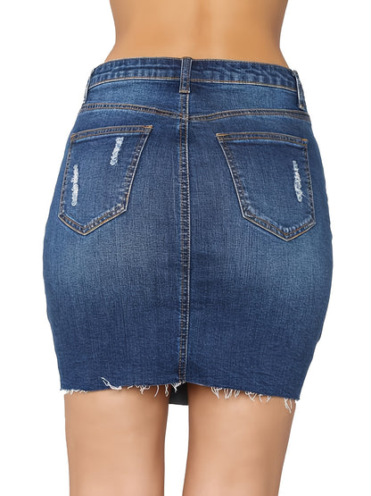 Mid Stretch Slim Fit Raw Cut Denim Mini Skirt - Ripped Holes, Fashionable, Comfortable, Versatile - Womens Denim Clothing, Summer Essential, Casual Wear