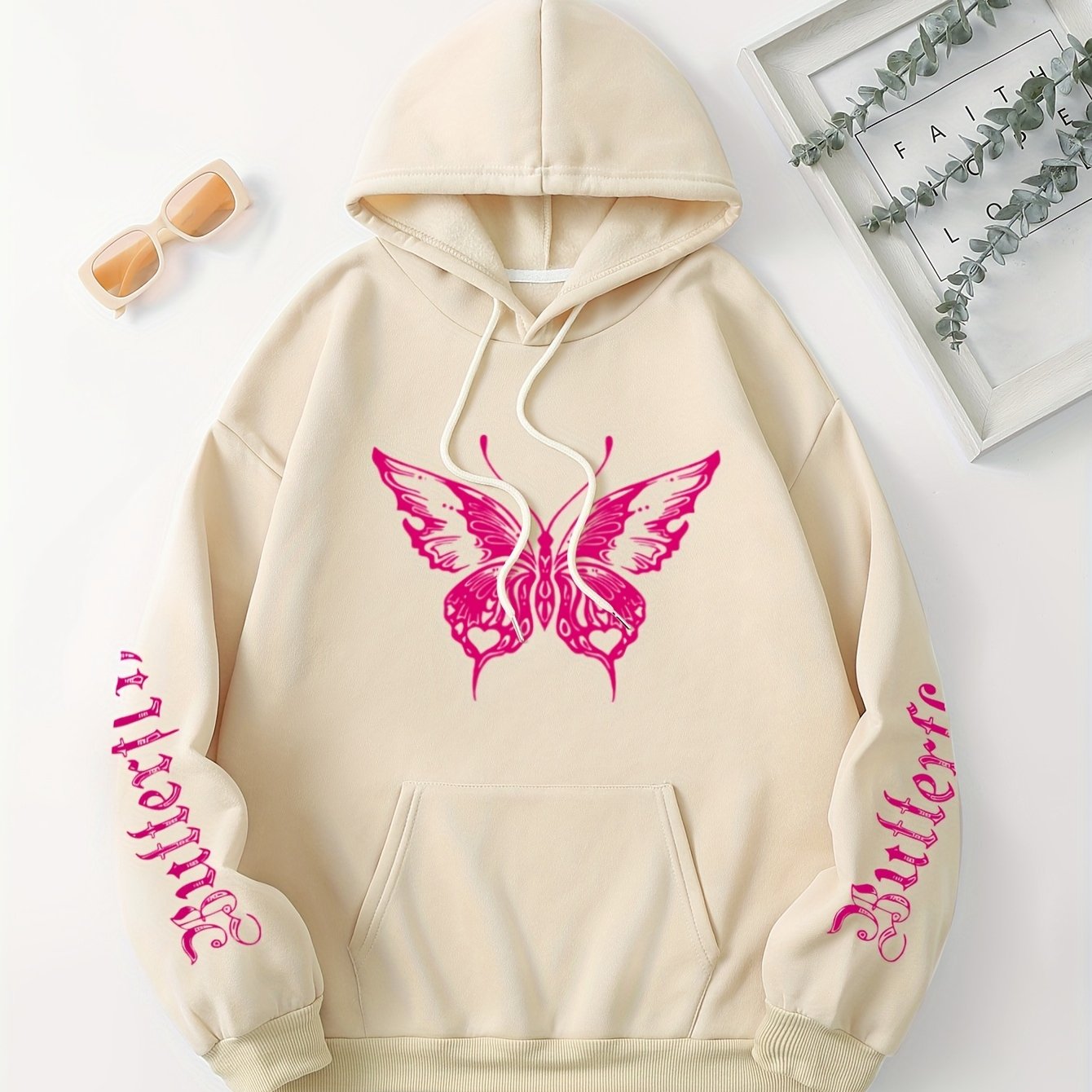 Chic Butterfly & Letter Graphic Hoodie - Comfy Drawstring Design with Kangaroo Pocket, Versatile Casual Wear for Women