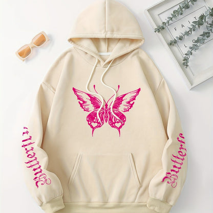 Chic Butterfly & Letter Graphic Hoodie - Comfy Drawstring Design with Kangaroo Pocket, Versatile Casual Wear for Women