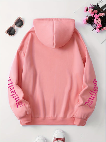 Chic Butterfly & Letter Graphic Hoodie - Comfy Drawstring Design with Kangaroo Pocket, Versatile Casual Wear for Women