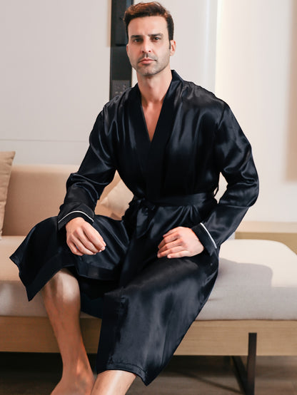 Mens Long Sleeve V-Neck Robe - Lightweight, Breathable, Soft Polyester Ice Silk Fabric with Waist Tie for Comfortable Lounge Wear in Spring, Summer and Fall Seasons - Regular Fit, Solid Color, Woven Robe Set