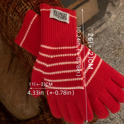 Cozy Striped Knit Gloves For Women - Touchscreen Compatible, Thick & Warm Full Finger Mittens With Elastic Fit