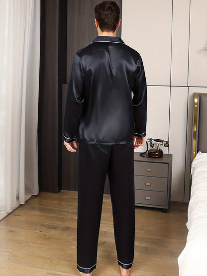 Men's Ice Silk Pajama Set: Breathable Lounge Shirt & Pants - Versatile All-Season Sleepwear with Pockets