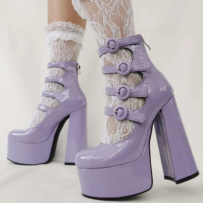 New Purple Lolita Sweet 15Cm High Heels Thick Bottom Bow Women's Round Head Hollow Out Buckle Single Shoes Size 36-47